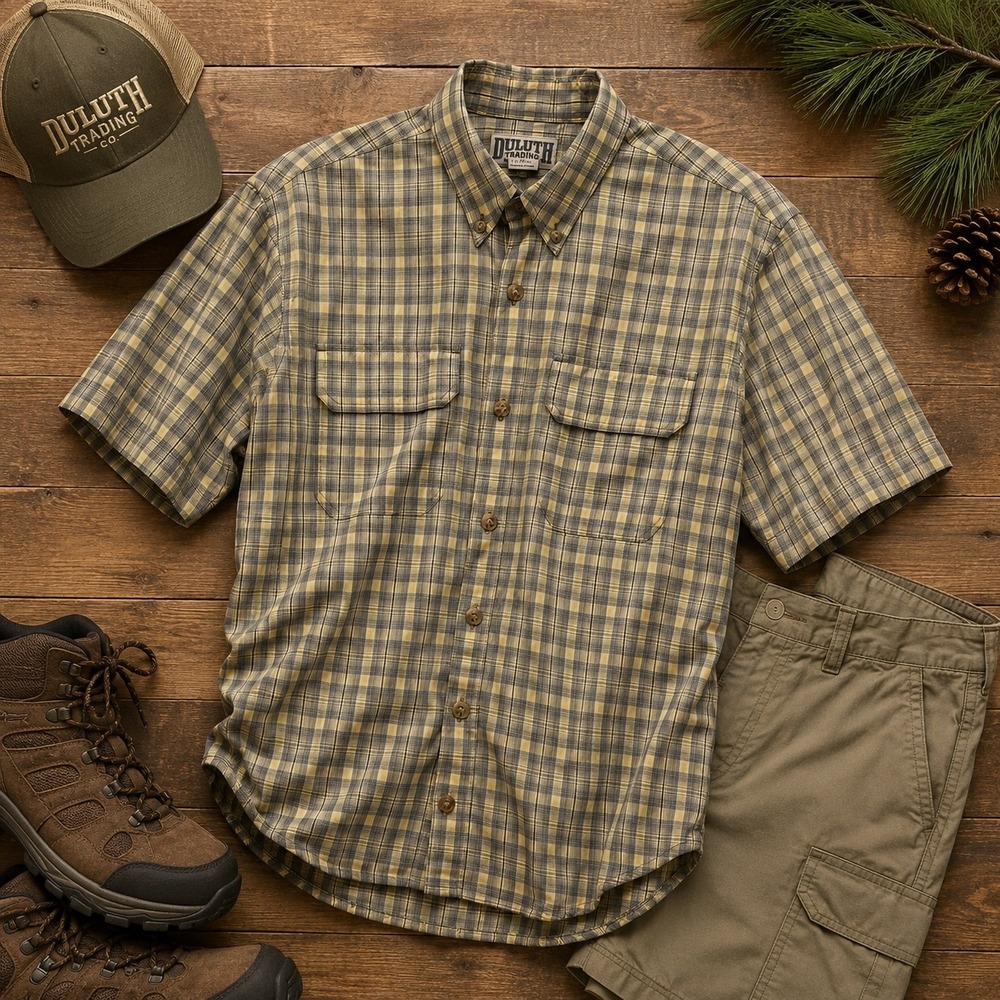 Duluth Trading Co Mens Plaid Short Sleeve Button Up Camp Outdoor Hiking Shirt